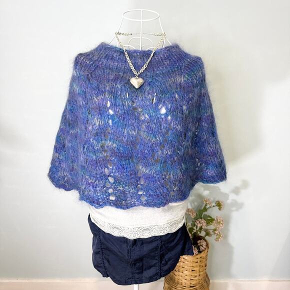 INSANE wool knit blue crochet poncho cape top- believe it’s handmade - Picture 3 of 5